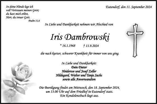 Traueranzeige von Iris Dambrowski von Rundschau Gaildorf