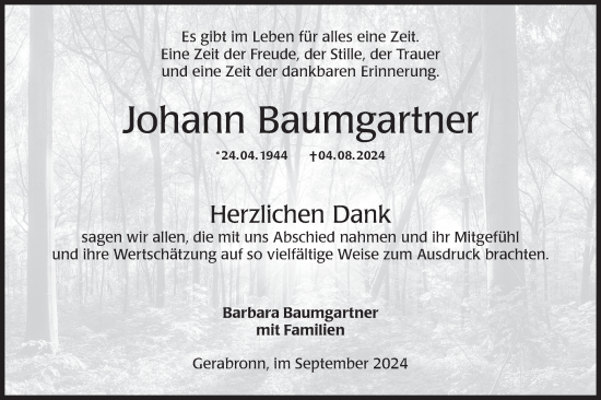 Traueranzeige von Johann Baumgartner von Hohenloher Tagblatt