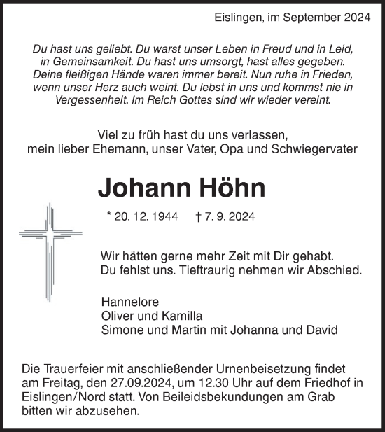 Traueranzeige von Johann Höhn von NWZ Neue Württembergische Zeitung