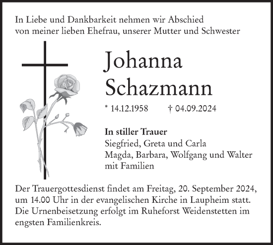 Traueranzeige von Johanna Schazmann von SÜDWEST PRESSE Ausgabe Ulm/Neu-Ulm