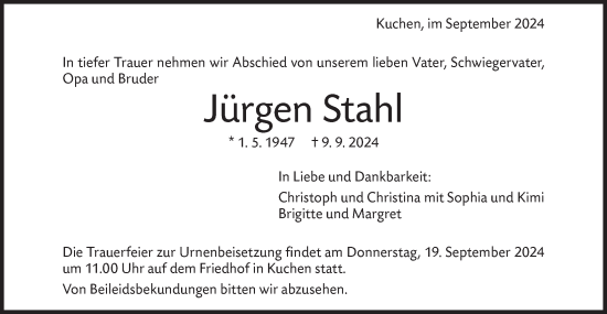 Traueranzeige von Jürgen Stahl von Geislinger Zeitung