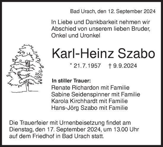 Traueranzeige von Karl-Heinz Szabo von Alb-Bote/Metzinger-Uracher Volksblatt