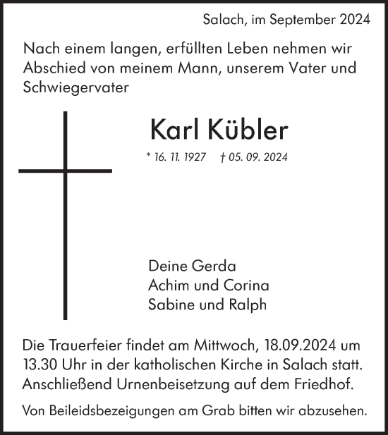 Traueranzeige von Karl Kübler von NWZ Neue Württembergische Zeitung