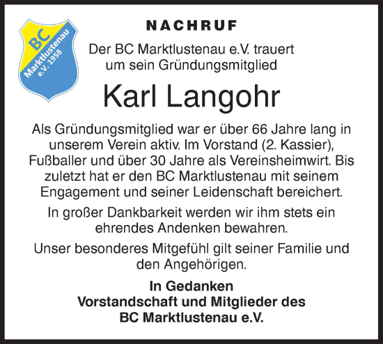 Traueranzeige von Karl Langohr von Hohenloher Tagblatt