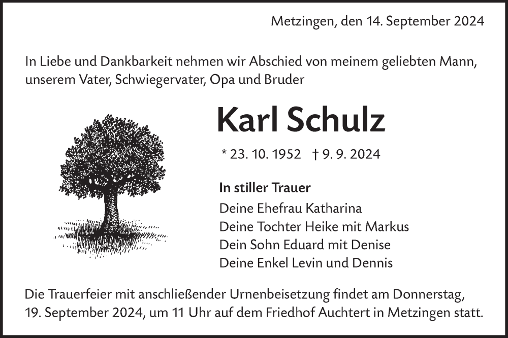  Traueranzeige für Karl Schulz vom 14.09.2024 aus Alb-Bote/Metzinger-Uracher Volksblatt