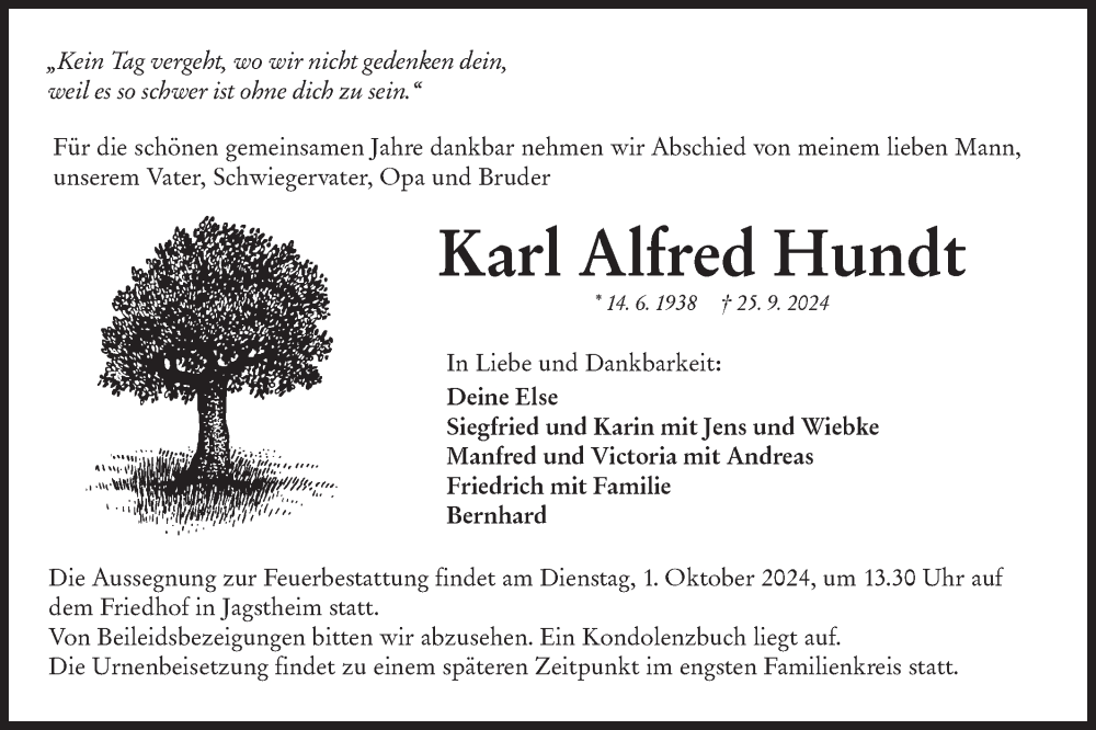  Traueranzeige für Karl Alfred Hundt vom 28.09.2024 aus Hohenloher Tagblatt