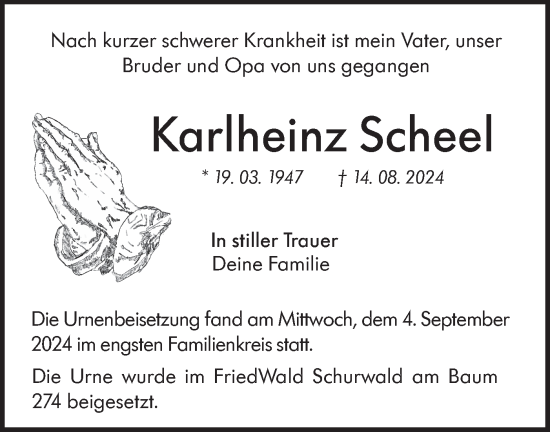 Traueranzeige von Karlheinz Scheel von NWZ Neue Württembergische Zeitung