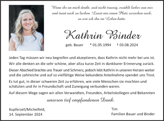 Traueranzeige von Kathrin Binder von Haller Tagblatt