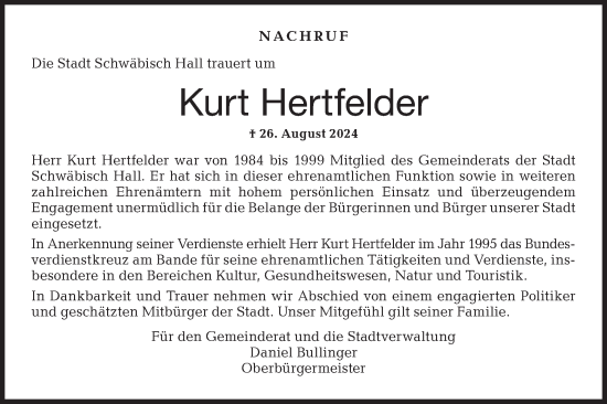 Traueranzeige von Kurt Hertfelder von Haller Tagblatt