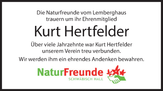 Traueranzeige von Kurt Hertfelder von Haller Tagblatt