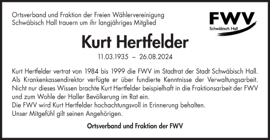 Traueranzeige von Kurt Hertfelder von Haller Tagblatt