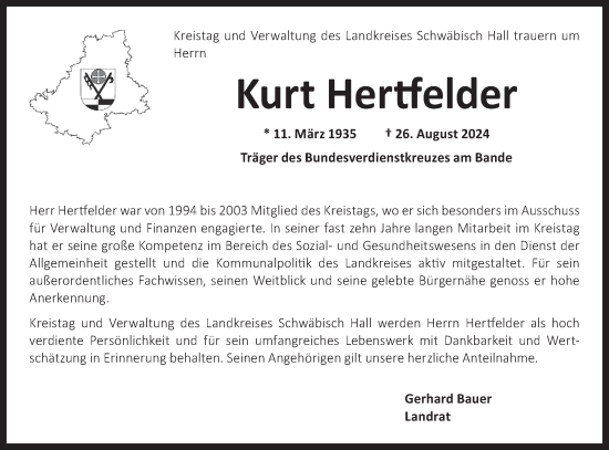 Traueranzeige von Kurt Hertfelder von Haller Tagblatt