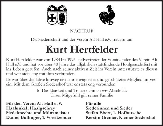 Traueranzeige von Kurt Hertfelder von Haller Tagblatt