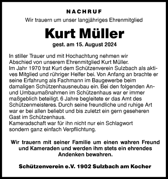 Traueranzeige von Kurt Müller von Rundschau Gaildorf