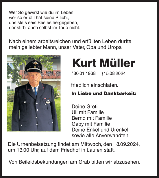 Traueranzeige von Kurt Müller von Rundschau Gaildorf