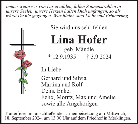 Traueranzeige von Lina Hofer von SÜDWEST PRESSE Ausgabe Ulm/Neu-Ulm