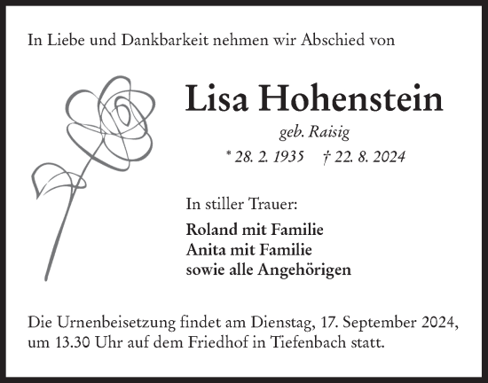 Traueranzeige von Lisa Hohenstein von Hohenloher Tagblatt