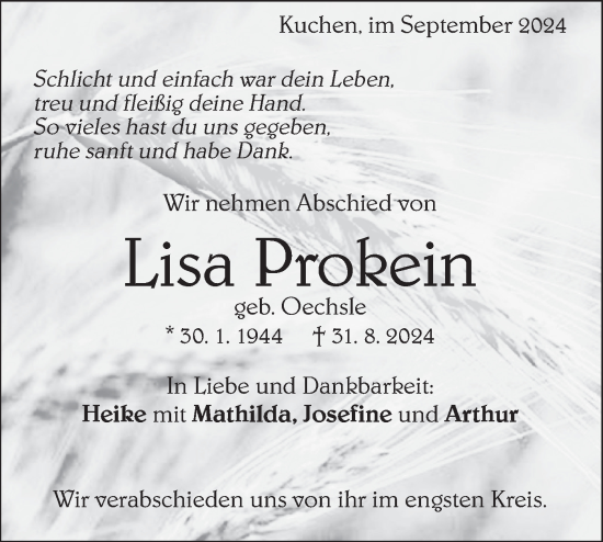 Traueranzeige von Lisa Prokein von Geislinger Zeitung