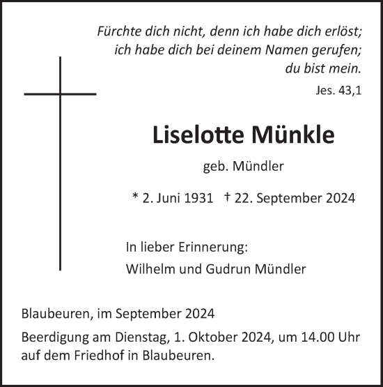 Traueranzeige von Liselotte Münkle von Das Blaumännle