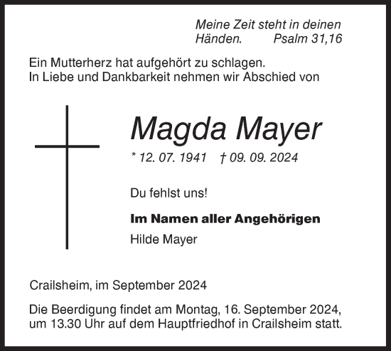 Traueranzeige von Magda Mayer von Hohenloher Tagblatt