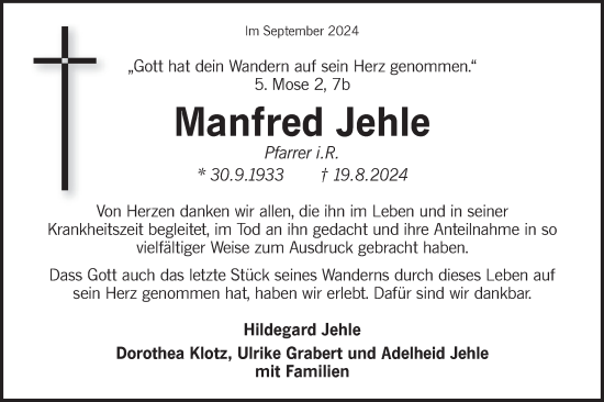 Traueranzeige von Manfred Jehle von Haller Tagblatt