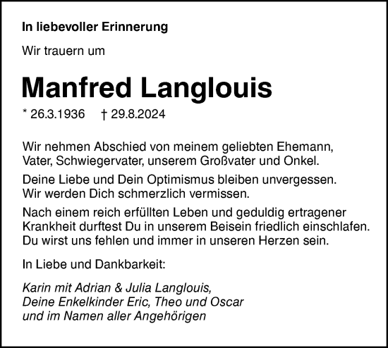 Traueranzeige von Manfred Langlouis von SÜDWEST PRESSE Ausgabe Ulm/Neu-Ulm