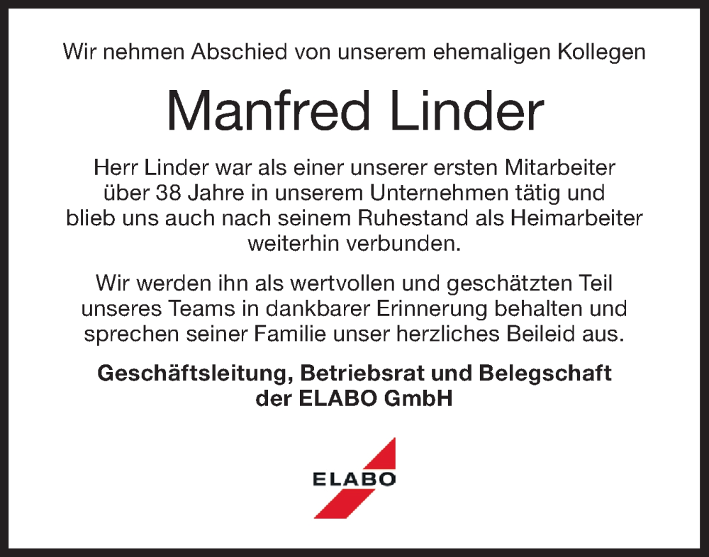  Traueranzeige für Manfred Linder vom 06.09.2024 aus Hohenloher Tagblatt