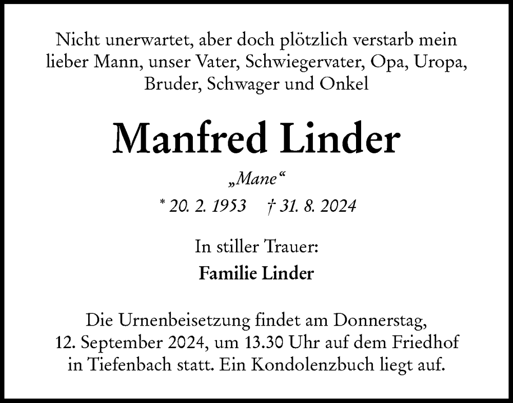  Traueranzeige für Manfred Linder vom 06.09.2024 aus Hohenloher Tagblatt