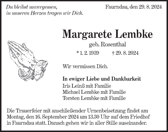 Traueranzeige von Margarete Lembke von NWZ Neue Württembergische Zeitung