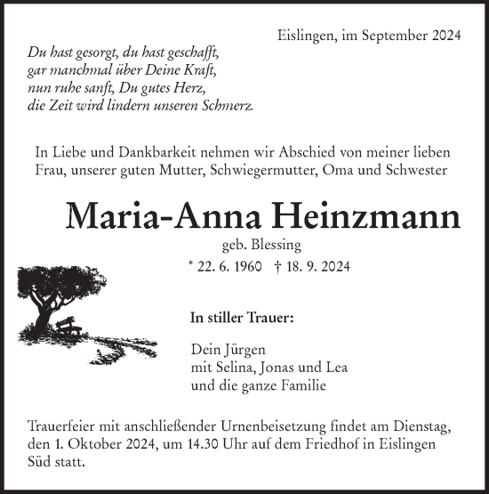 Traueranzeige von Maria-Anna Heinzmann von NWZ Neue Württembergische Zeitung