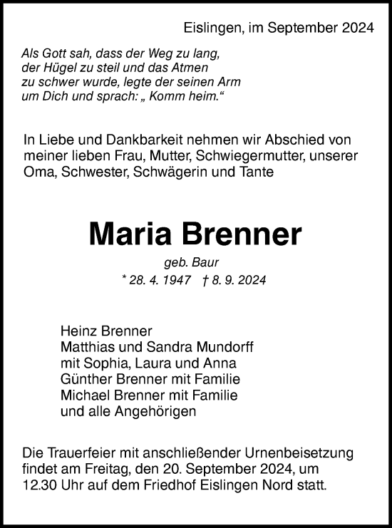 Traueranzeige von Maria Brenner von NWZ Neue Württembergische Zeitung