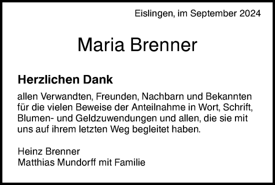 Traueranzeige von Maria Brenner von NWZ Neue Württembergische Zeitung