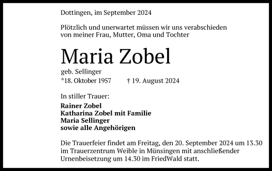 Traueranzeige von Maria Zobel von Alb-Bote/Metzinger-Uracher Volksblatt