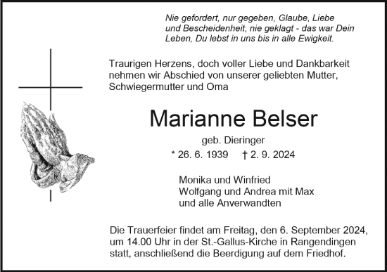 Traueranzeige von Marianne Belser von SÜDWEST PRESSE Zollernalbkreis/Hohenzollerische Zeitung