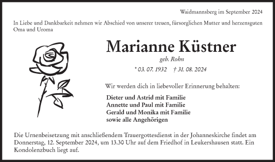 Traueranzeige von Marianne Küstner von Hohenloher Tagblatt