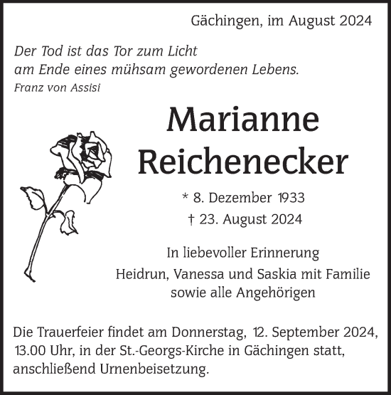 Traueranzeige von Marianne Reichenecker von Alb-Bote/Metzinger-Uracher Volksblatt