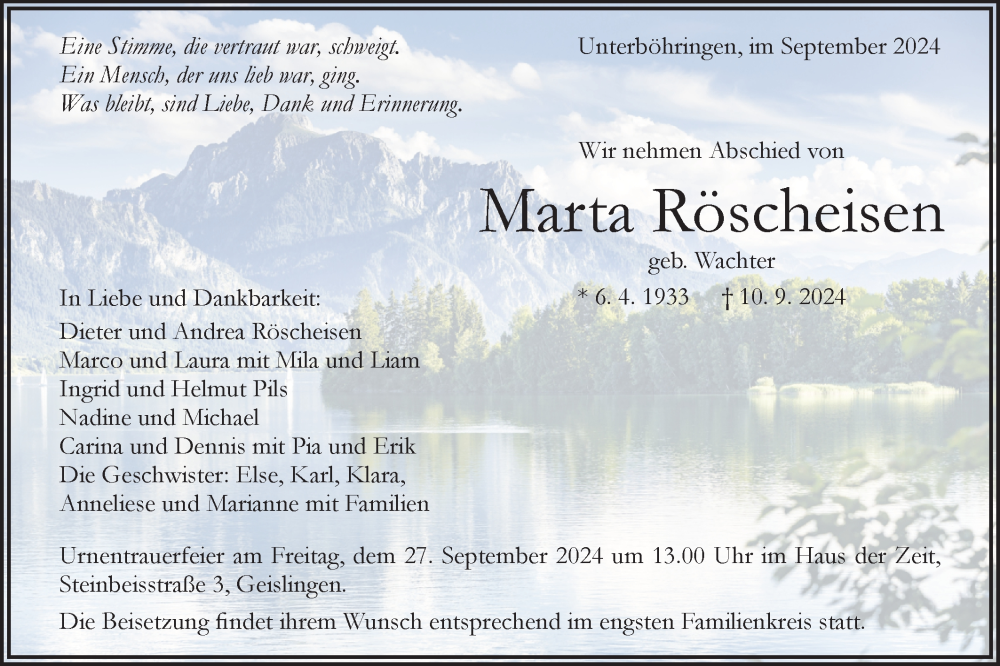  Traueranzeige für Marta Röscheisen vom 21.09.2024 aus Geislinger Zeitung