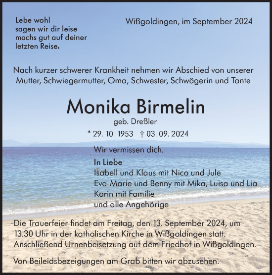 Traueranzeige von Monika Birmelin von NWZ Neue Württembergische Zeitung