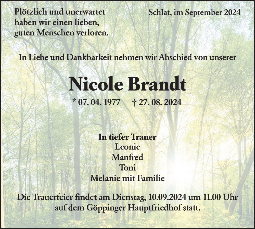  Traueranzeige für Nicole Brandt vom 07.09.2024 aus NWZ Neue Württembergische Zeitung