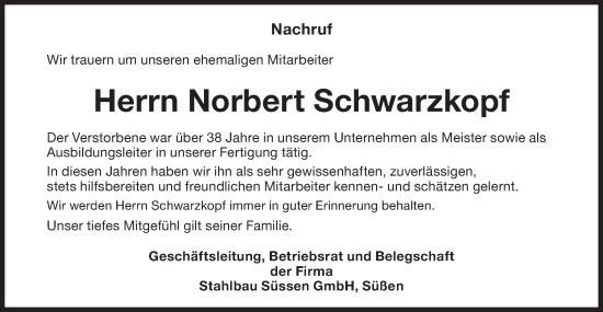 Traueranzeige von Norbert Schwarzkopf von NWZ Neue Württembergische Zeitung