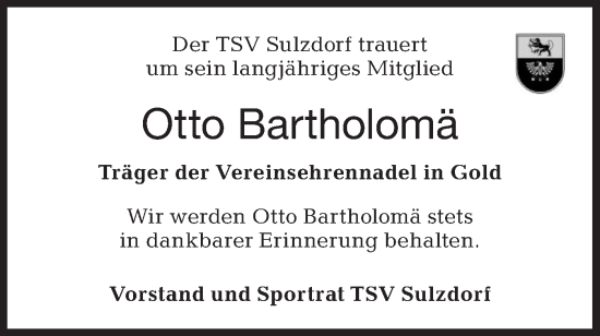 Traueranzeige von Otto Bartholomä von Haller Tagblatt