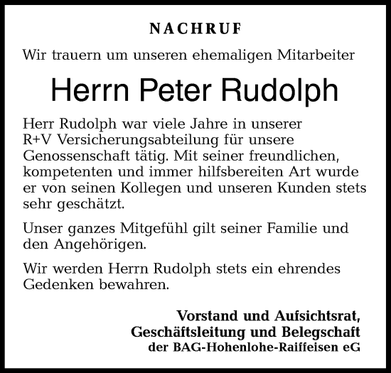 Traueranzeige von Peter Rudolph von Haller Tagblatt