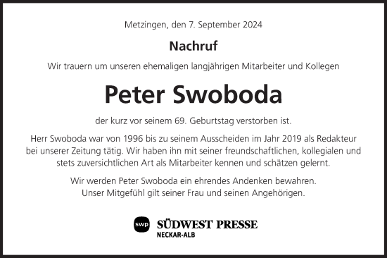 Traueranzeige von Peter Swoboda von Alb-Bote/Metzinger-Uracher Volksblatt