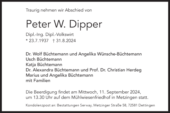 Traueranzeige von Peter W. Dipper von Alb-Bote/Metzinger-Uracher Volksblatt