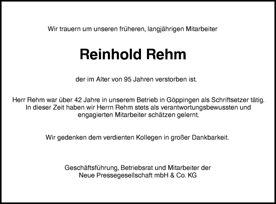 Traueranzeige von Reinhold Rehm von NWZ Neue Württembergische Zeitung