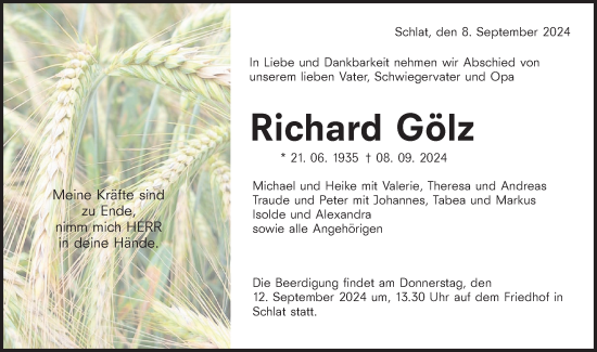 Traueranzeige von Richard Gölz von NWZ Neue Württembergische Zeitung