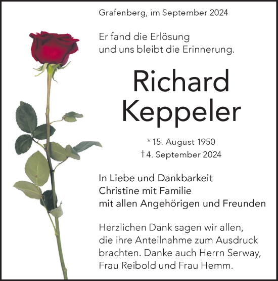 Traueranzeige von Richard Keppeler von Alb-Bote/Metzinger-Uracher Volksblatt