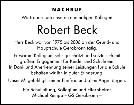 Traueranzeige von Robert Beck von Hohenloher Tagblatt