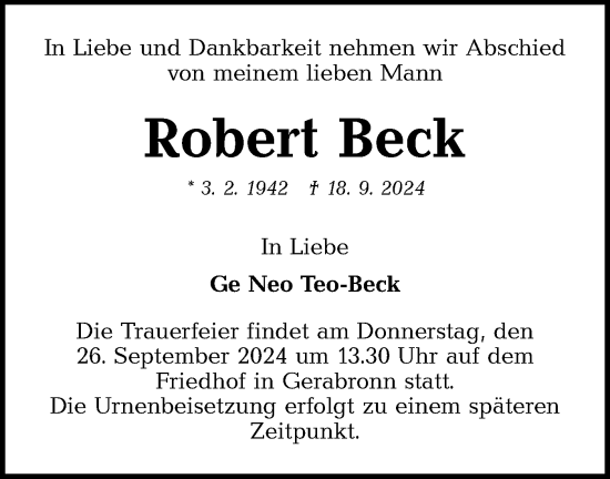 Traueranzeige von Robert Beck von Hohenloher Tagblatt