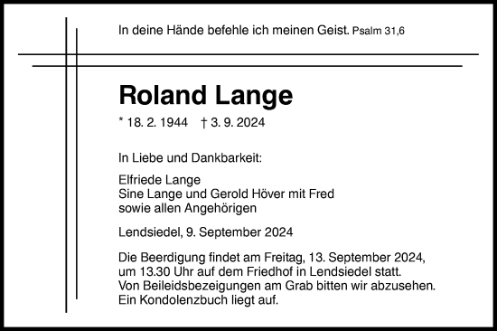 Traueranzeige von Roland Lange von Hohenloher Tagblatt